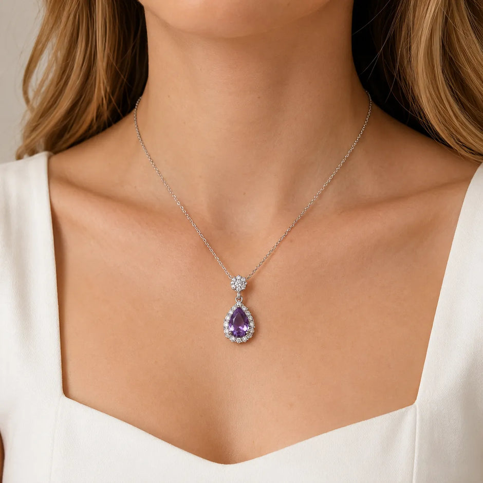 Amethyst Chakra Pendant with Diamond Halo in Sterling Silver