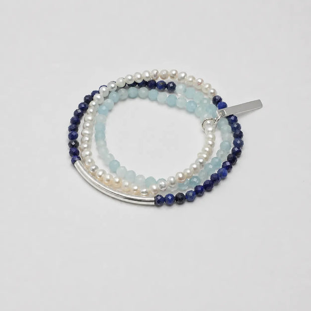 Aquamarine Lapis Lazuli Triple Wrap Chakra Bracelet natural healing crystal beaded bracelet