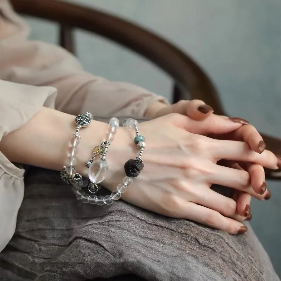 Crown chakra clear quartz bracelet with round and square bead design natural healing crystal beaded bracelet
