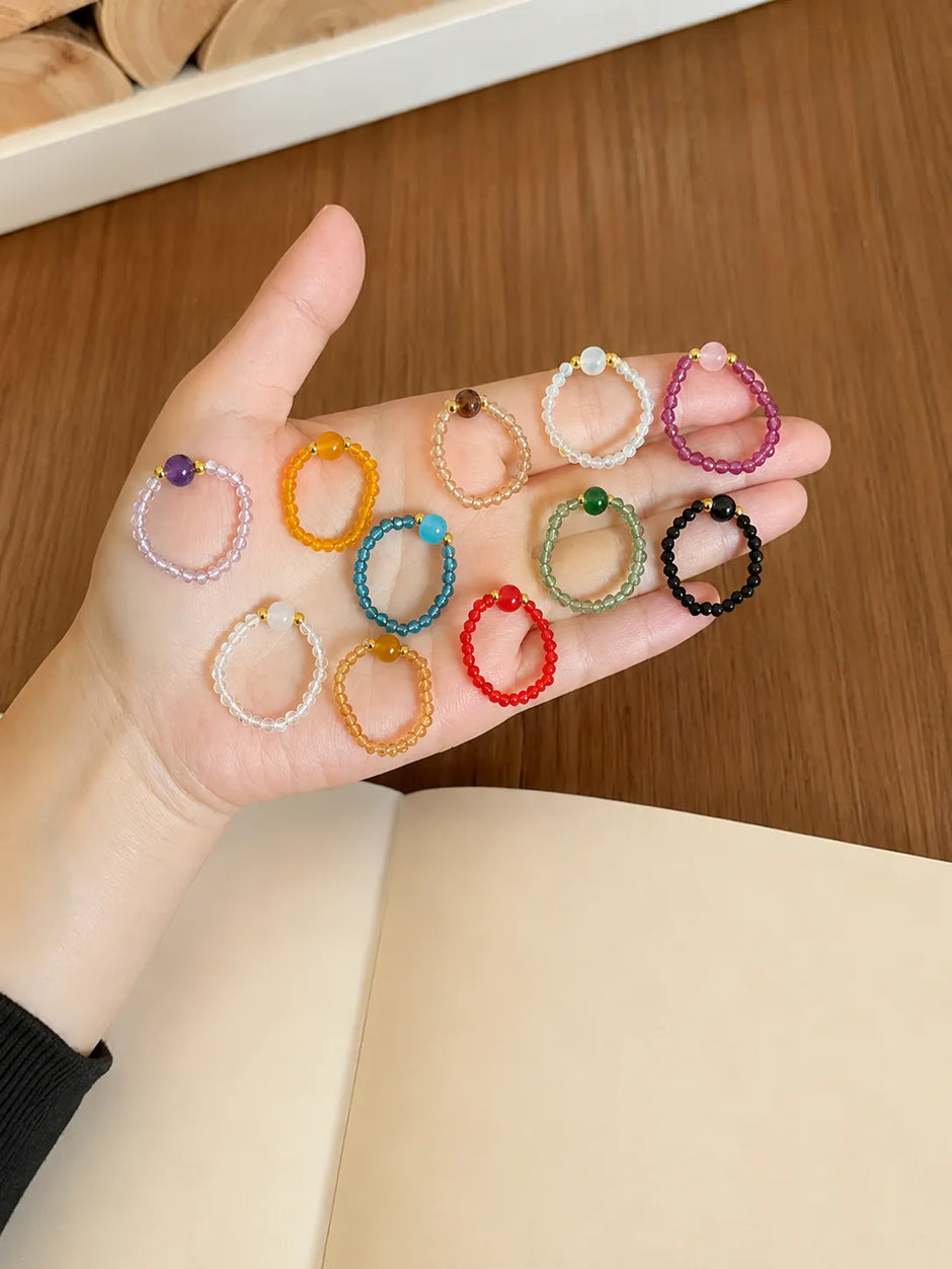 4-Pack Natural Crystal Beaded Rings, Handmade Random Color Rings