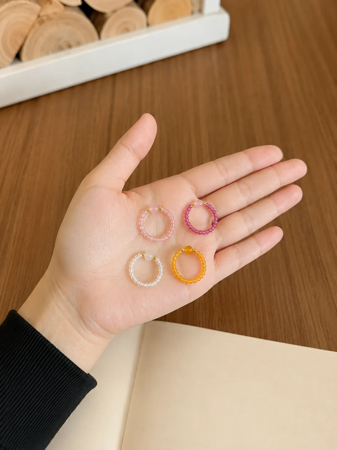 4-Pack Natural Crystal Beaded Rings, Handmade Random Color Rings
