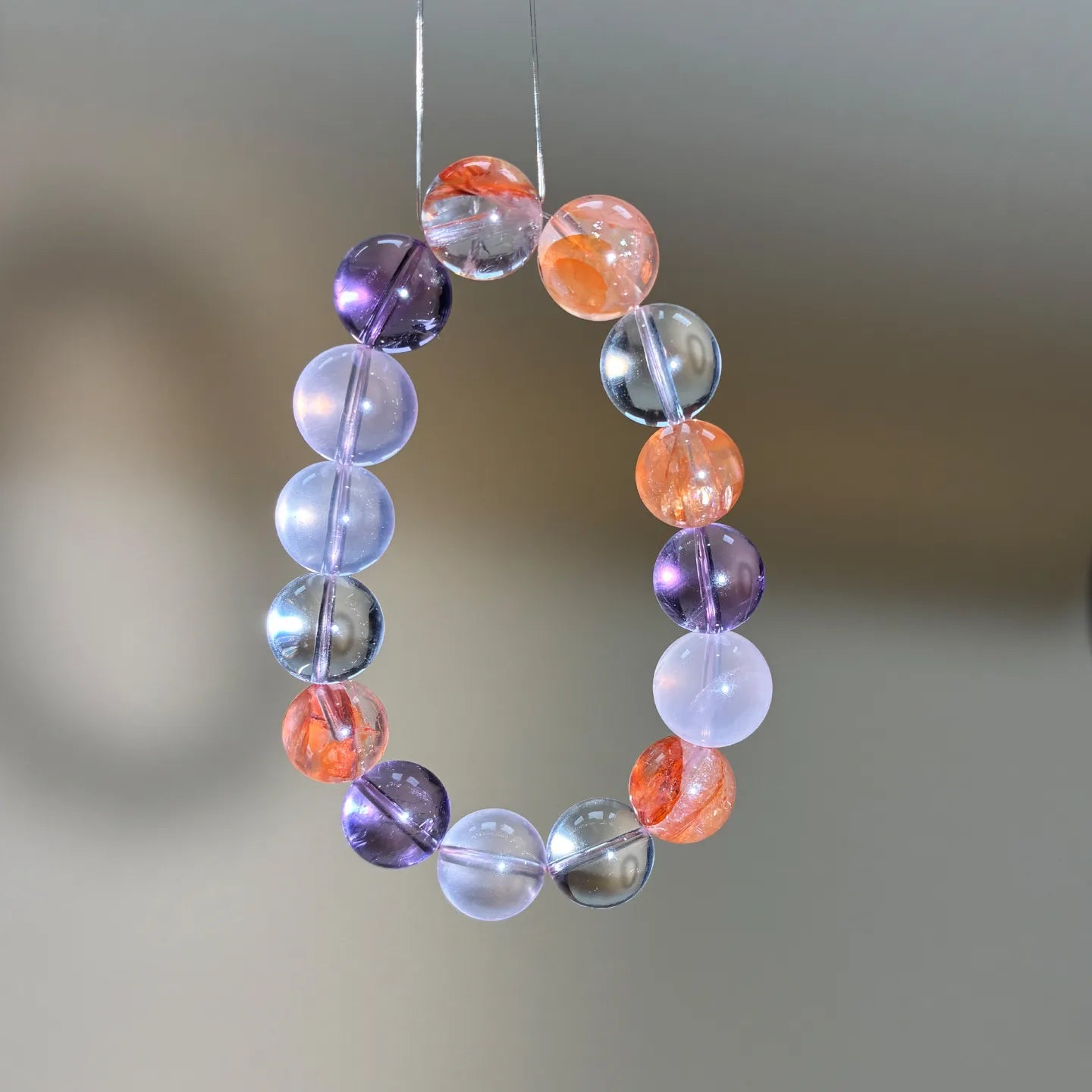 Tri Color Radiance Chakra Bracelet side view Brazilian Amethyst Rose Quartz Golden Healer crystal beads