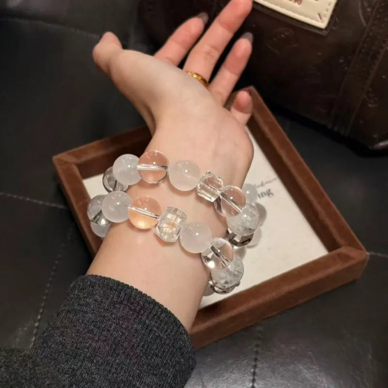 White Crystal Chakra Bracelet with round and square bead design natural healing crystal beaded bracelet